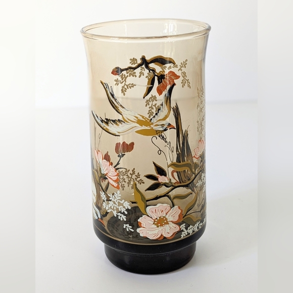 yvette perrin Other - Last Chance Vintage Yvette Perrin Smoked Glass Tumbler with Birds & Dogwood